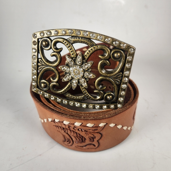 unbranded Accessories - Western Rhinestone Belt Size 32 Brown Tooled Leather Cowboy Rodeo Equestrian